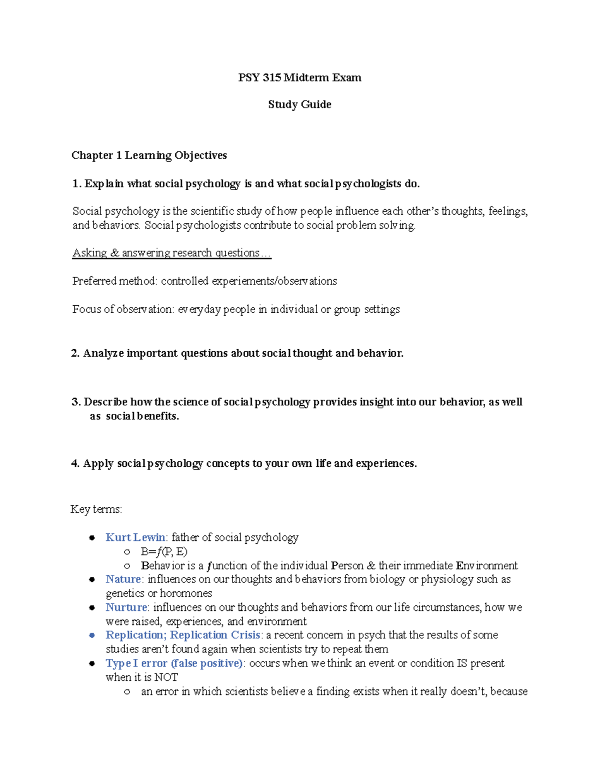 PSY 315 Midterm Exam Study Guide: Key Concepts in Social Psychology ...