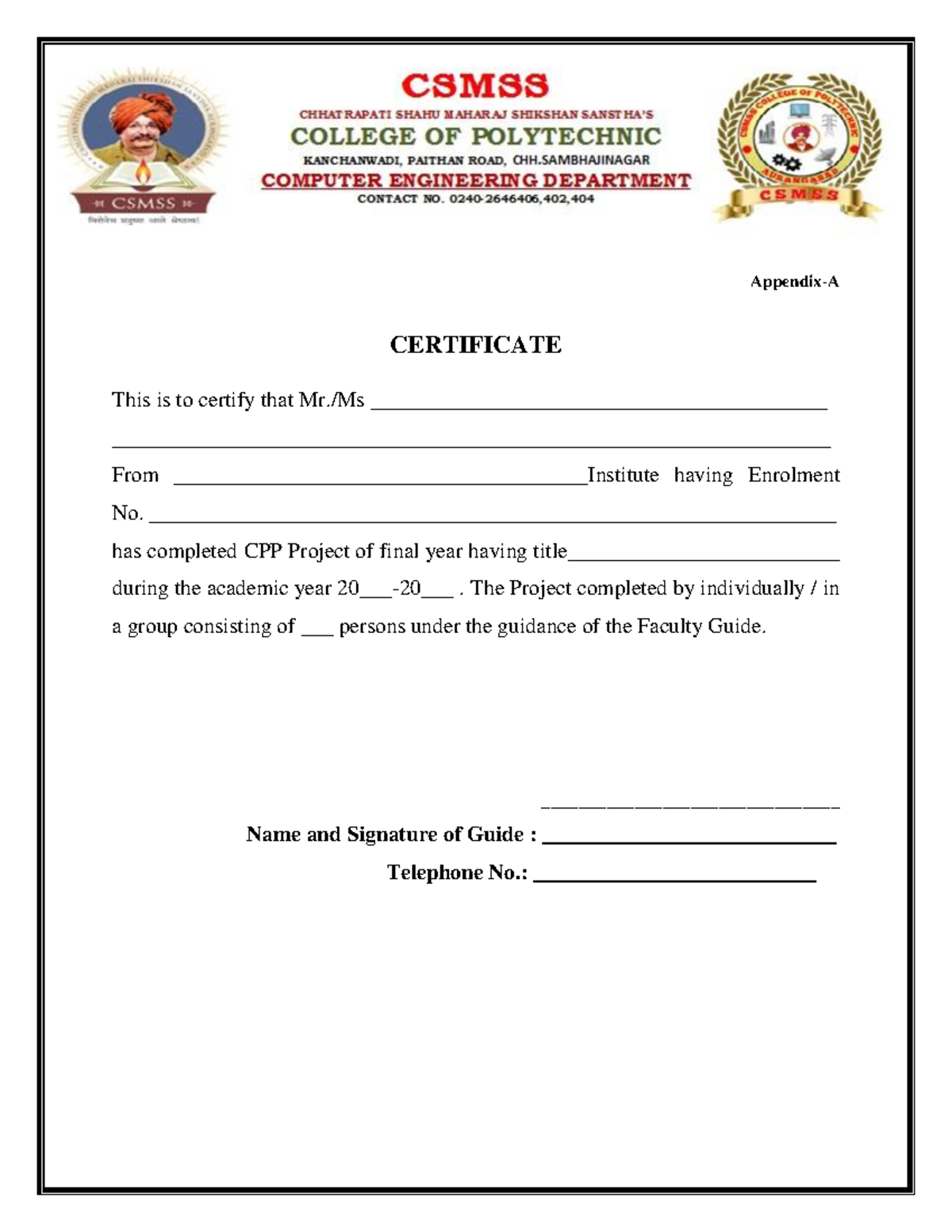 Cpp certificate - Appendix-A CERTIFICATE This is to certify that Mr./Ms ...