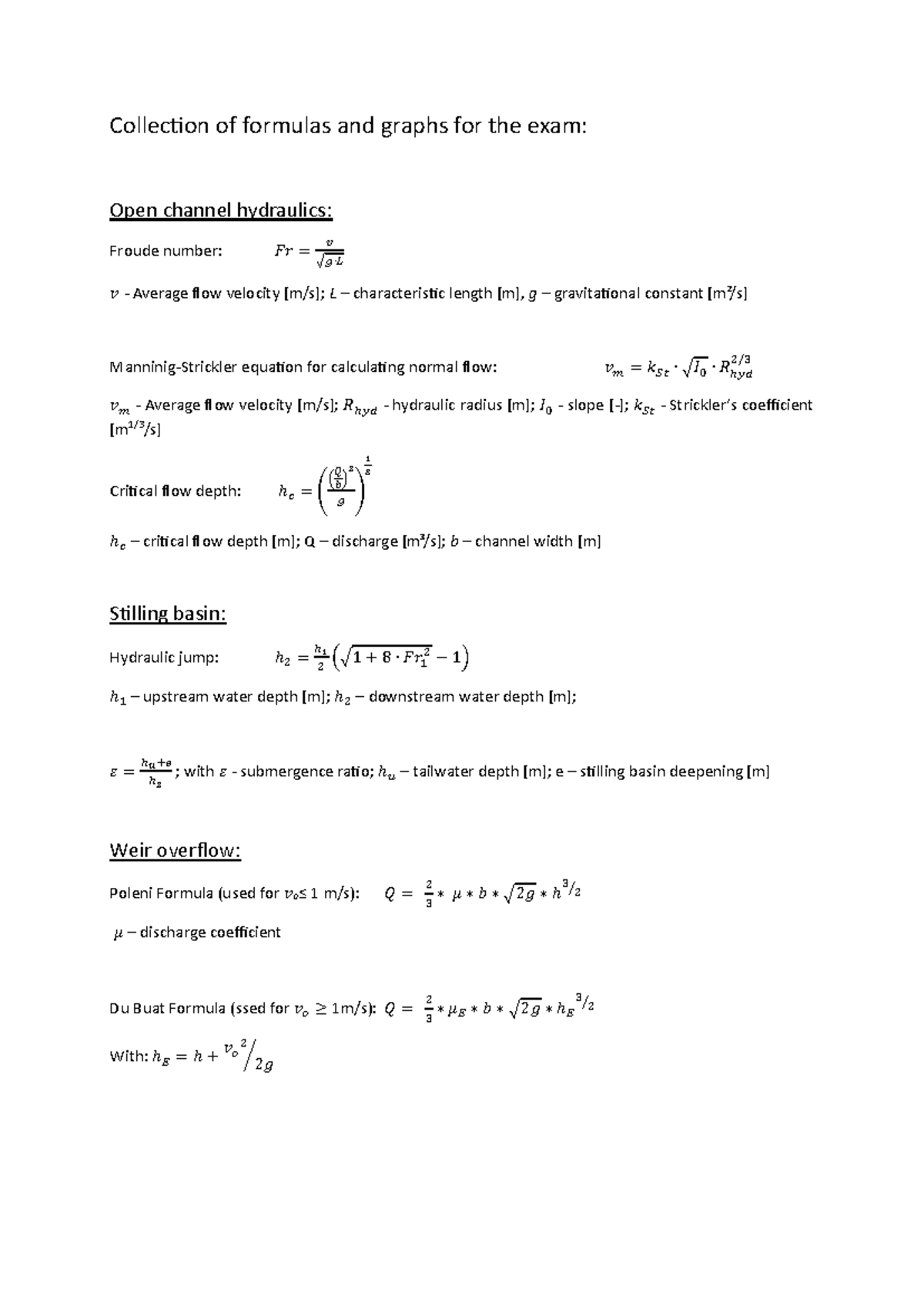 Open Channel Hydraulics: Formula & Graph Collection for Exam - Studocu