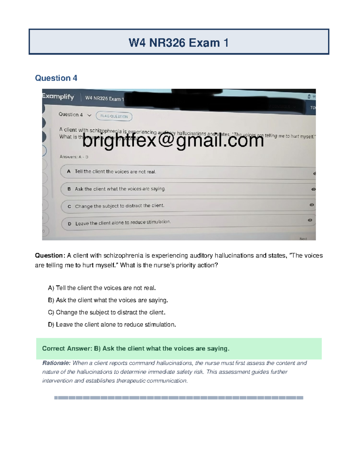 W4 NR326 Exam 1 - Key Questions and Answers on Schizophrenia and