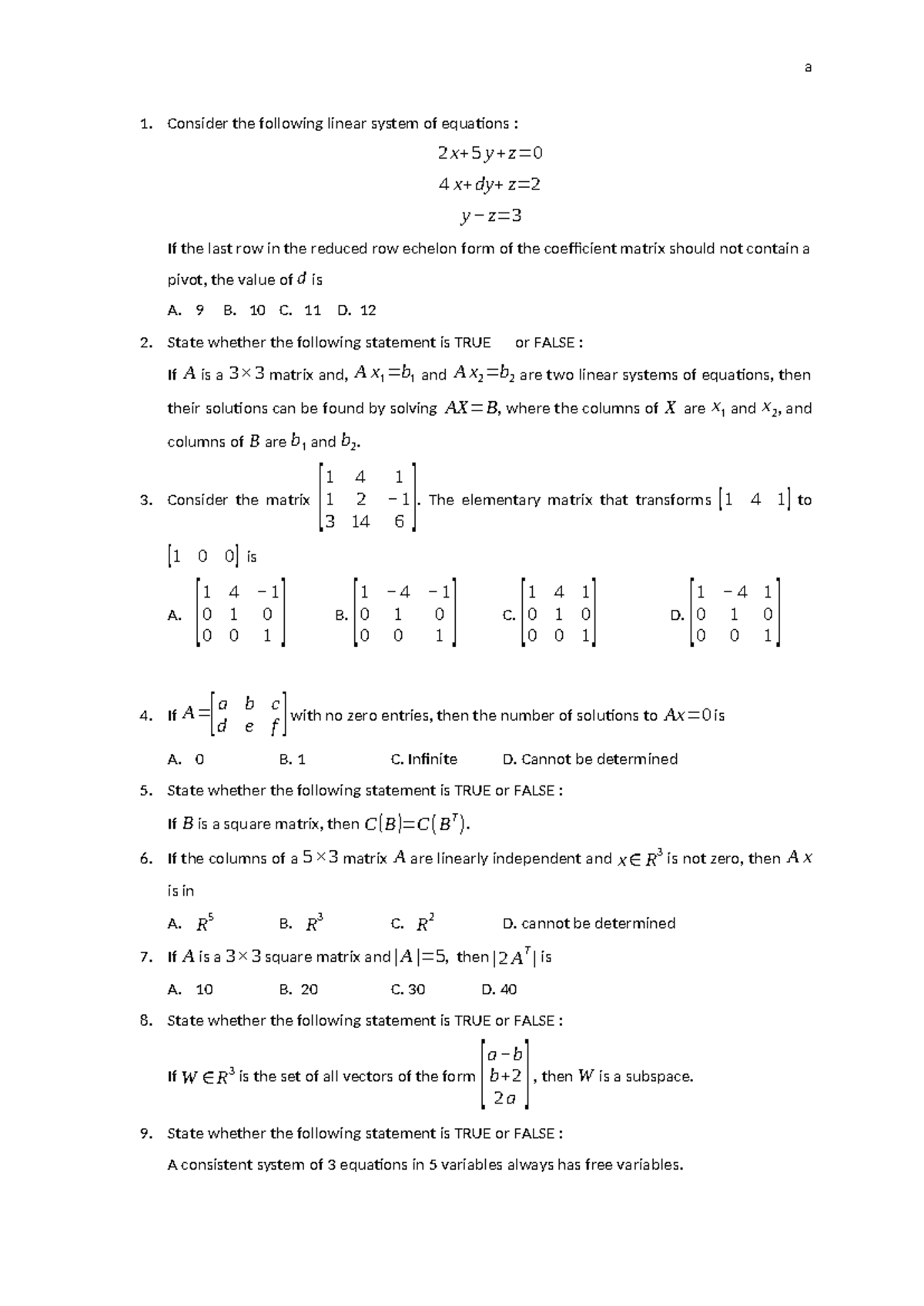 Sample Quiz - SC1004: Linear Systems and Matrix Theory - Studocu