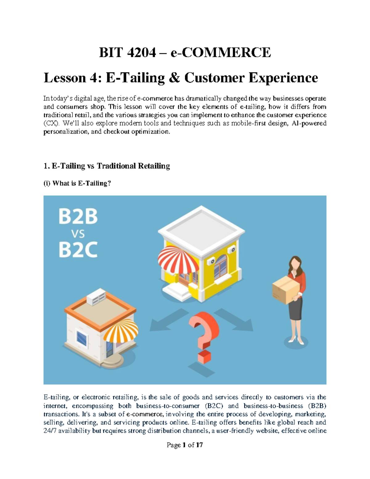 BIT 4204 Lesson 04: E-Tailing & Enhancing Customer Experience - Studocu
