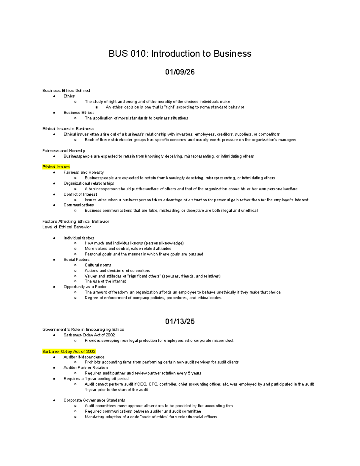 BUS 011: Introduction to Business Ethics and International Trade Notes ...