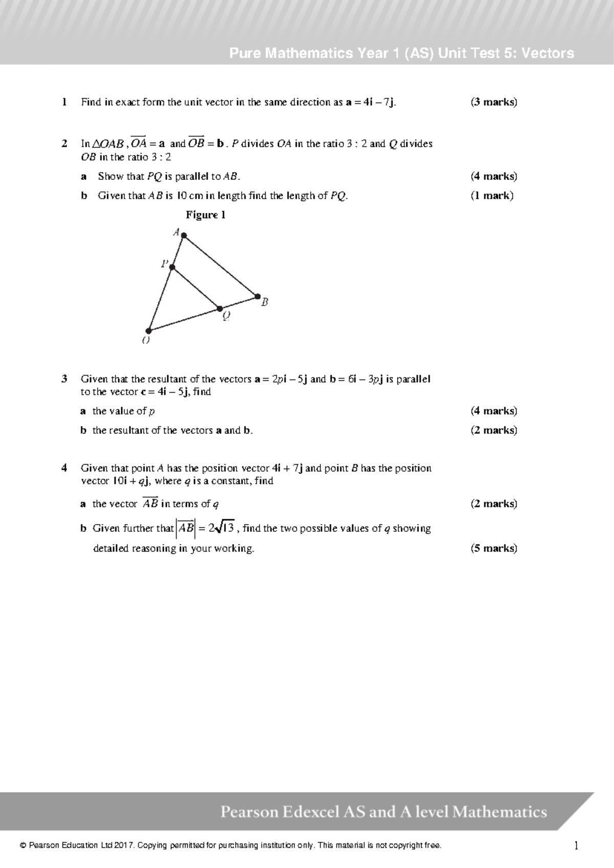 Pure Maths Year 1 (AS) Unit Test 5: Vectors Practice Questions - Studocu