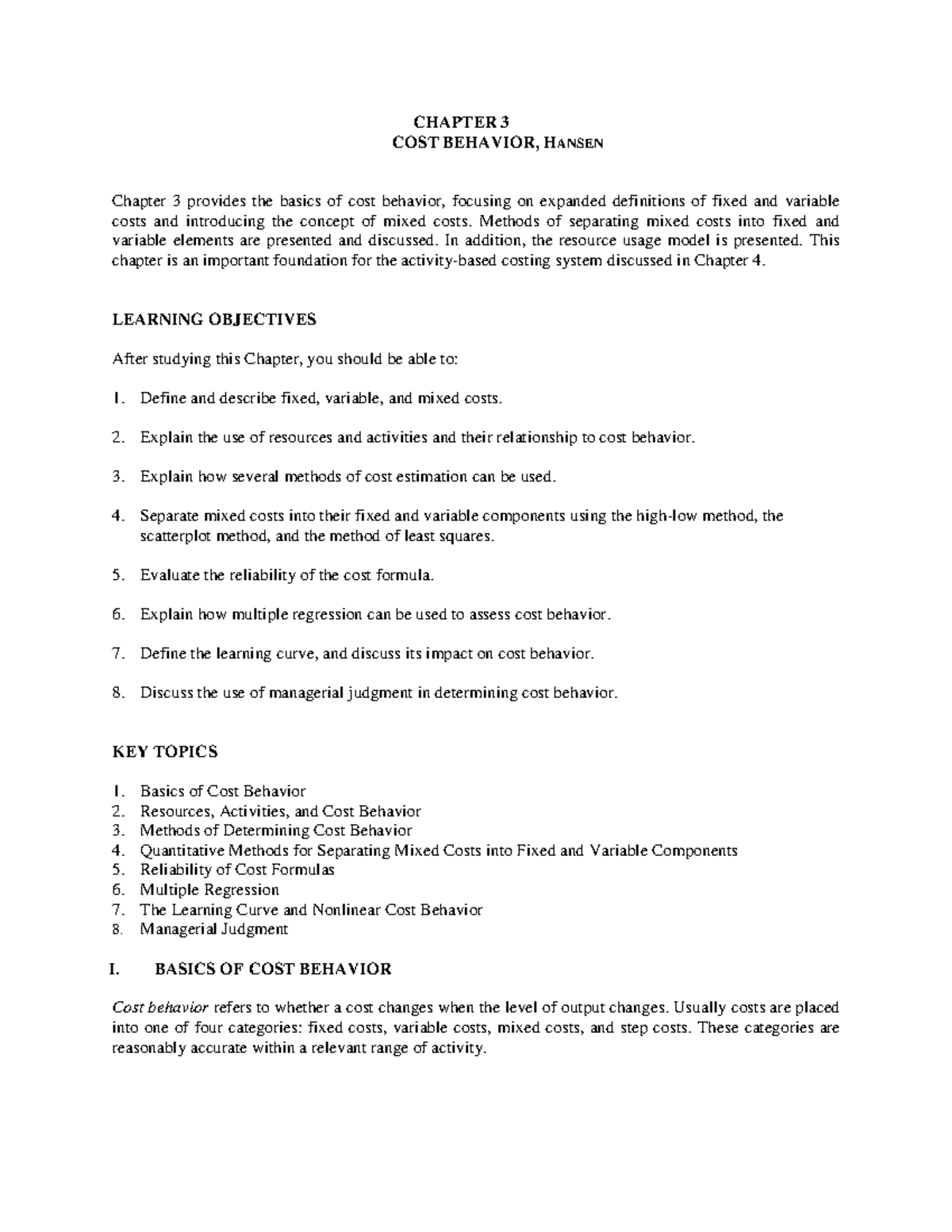 COST BEHAVIOR CONCEPTS - CHAPTER 3 HANSEN - Studocu