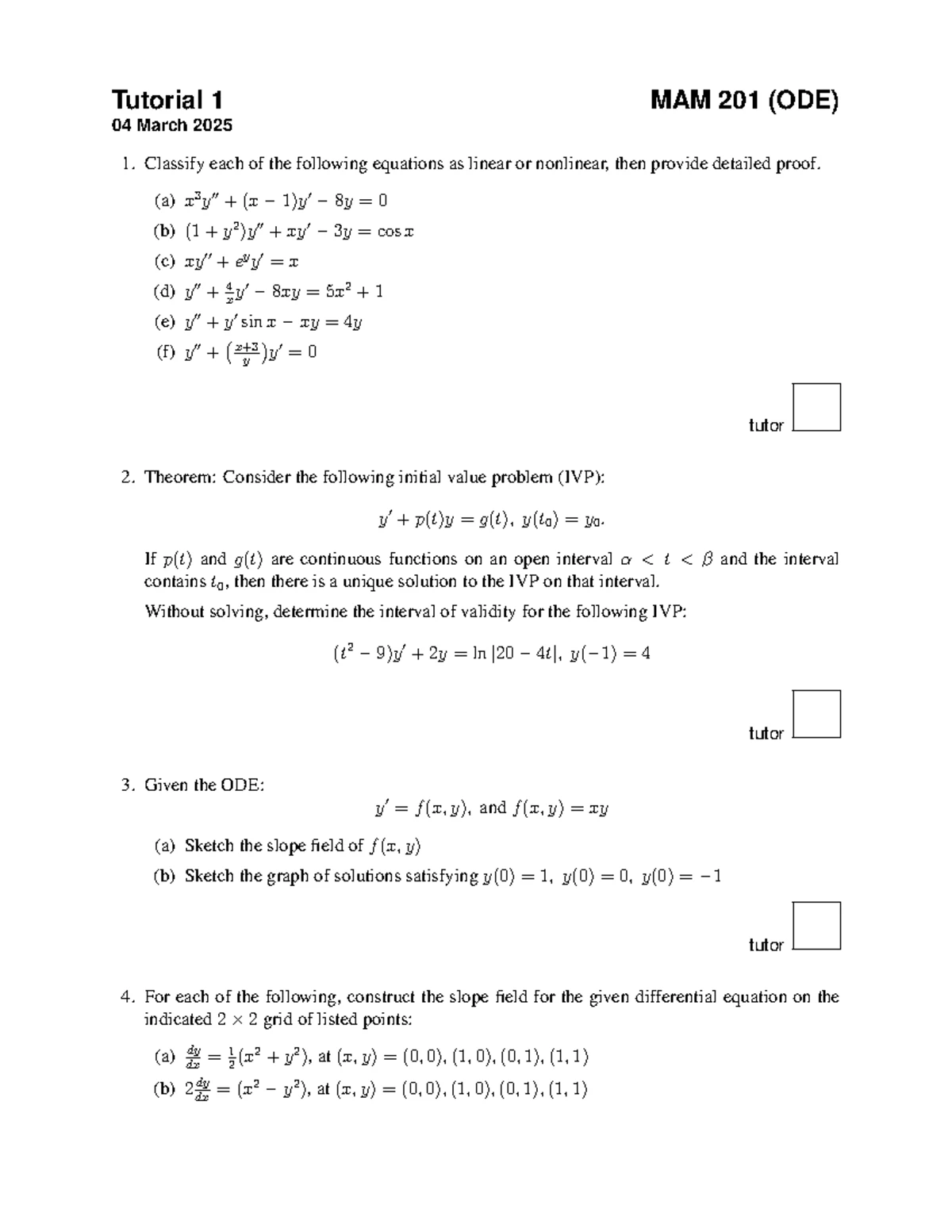 Tutorial 3 Solutions for MAM 201 (ODE) - April 2025 - Studocu