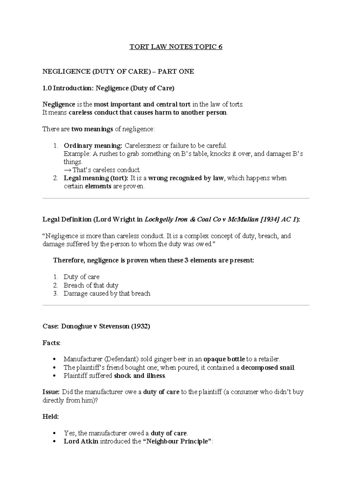 TORT LAW NOTES: TOPIC 6 - NEGLIGENCE (DUTY OF CARE) OVERVIEW - Studocu