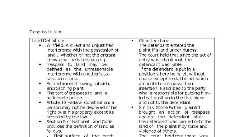 Trespass to Land: Key Definitions and Case Law Analysis - Studocu