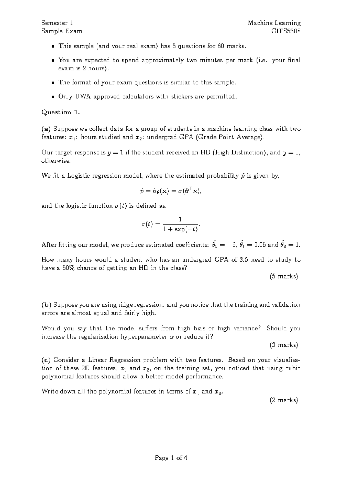 CITS5508 Semester 1 Sample Exam on Machine Learning 2025 - Studocu