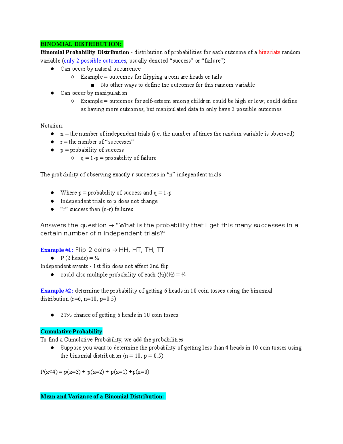Exam 2 Study Guide Binomial Distribution and Hypothesis Testing ...