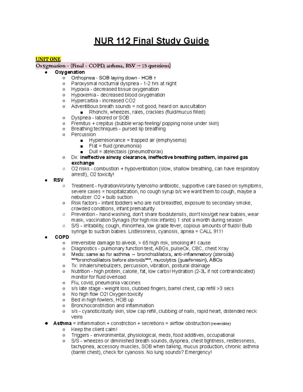 NUR 112 Final Exam Study Guide: Essential Concepts & Key Topics - Studocu