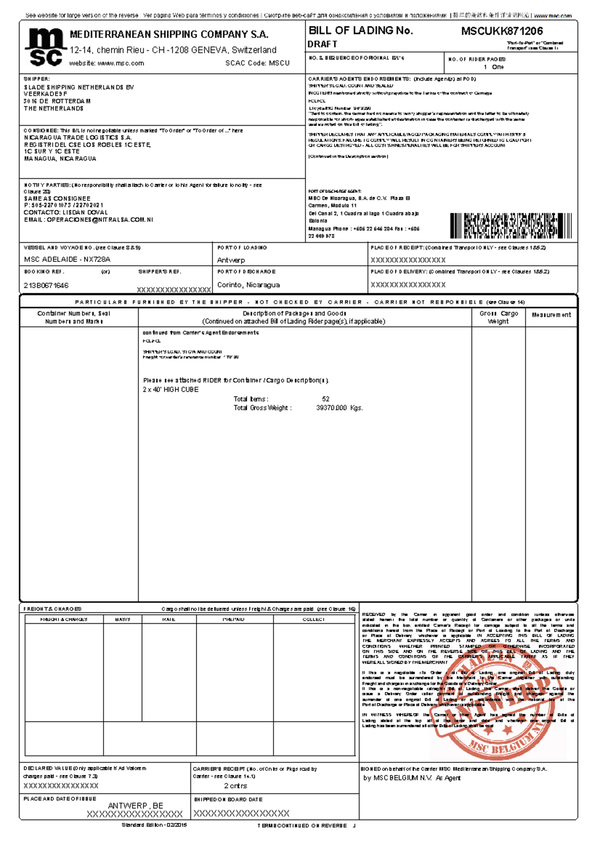 MSC - BILL OF LADING No. MSCUKK871206 for Shipment Details - Studocu