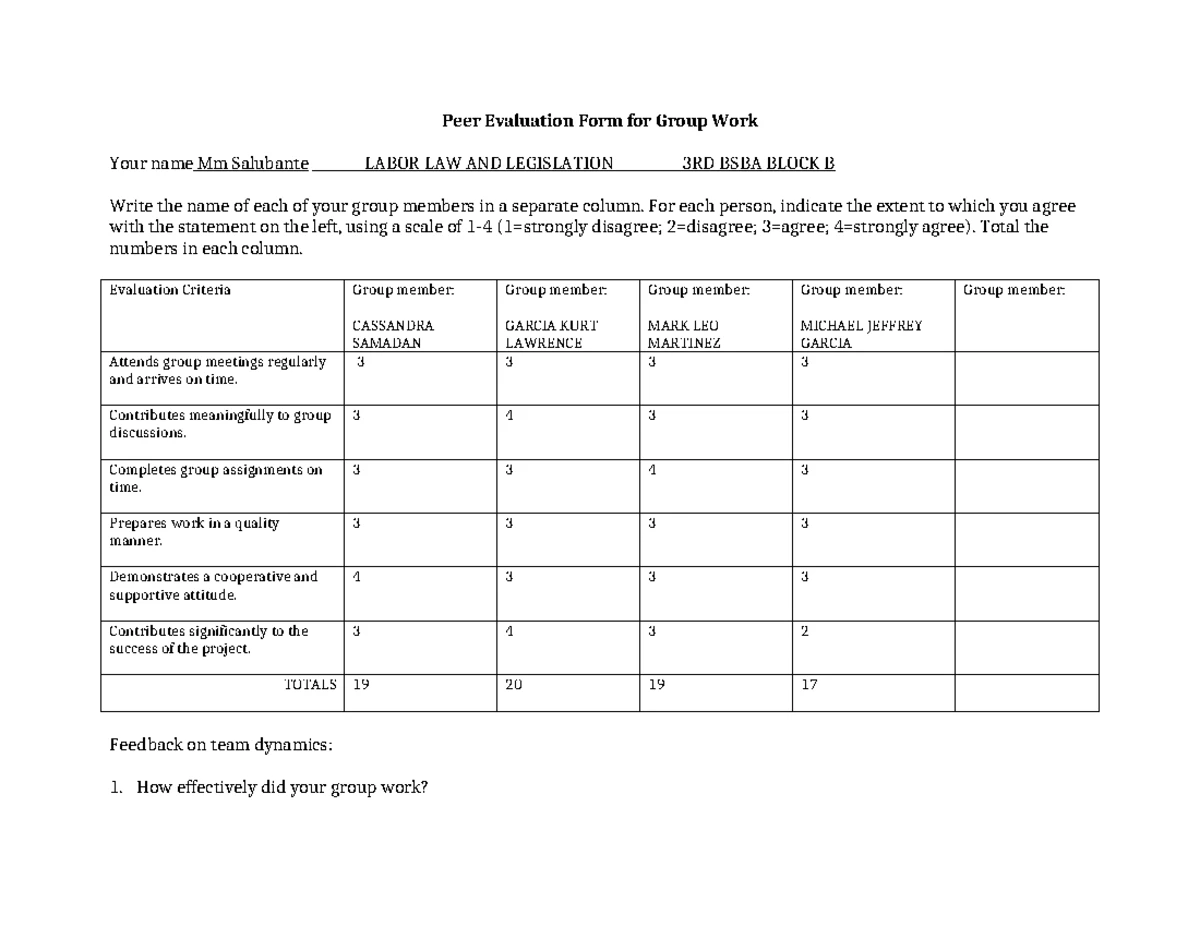 Peer Evaluation Form for Group Work (Course Code: TBD) - Studocu