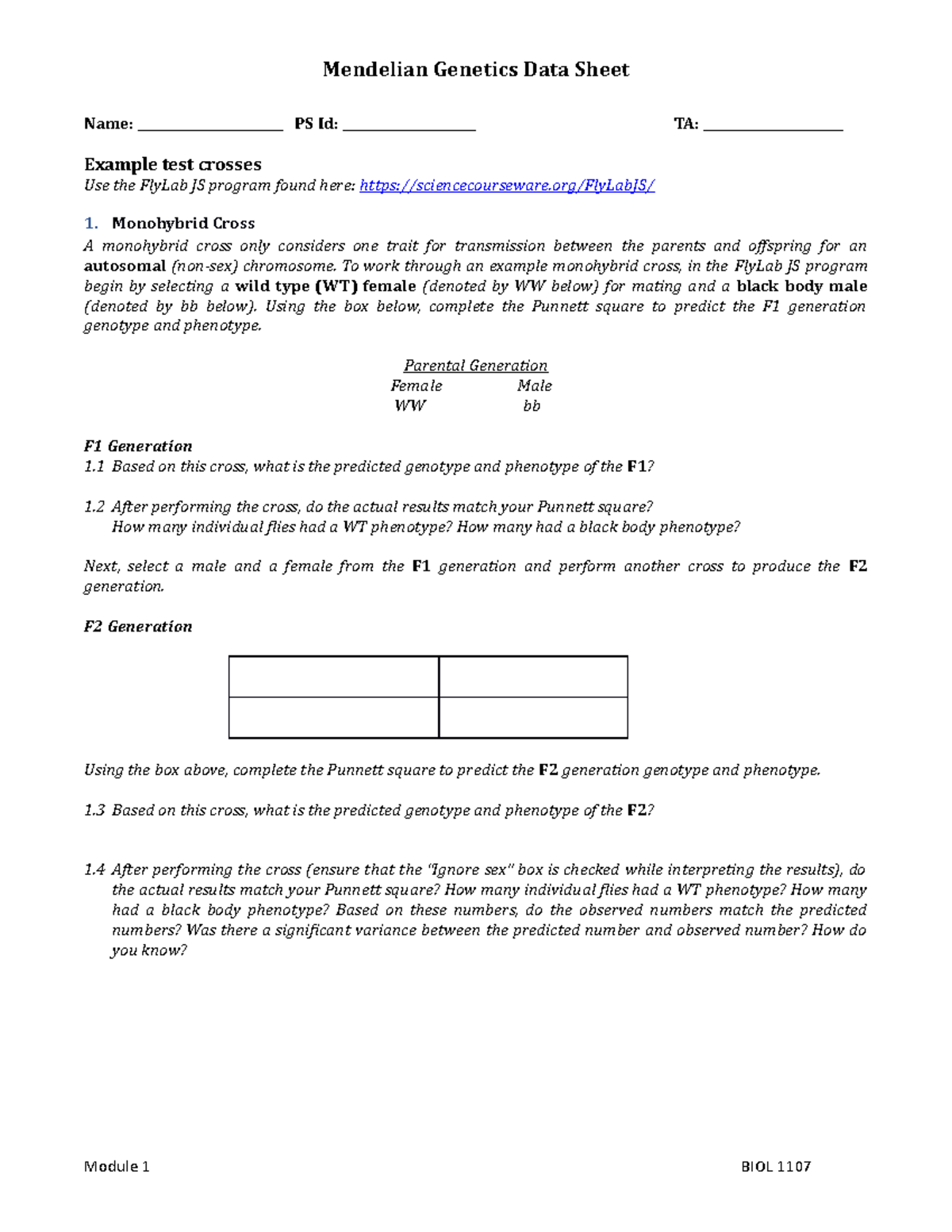 Mod1 Lab: Monohybrid & Dihybrid Crosses Data Sheet - Studocu