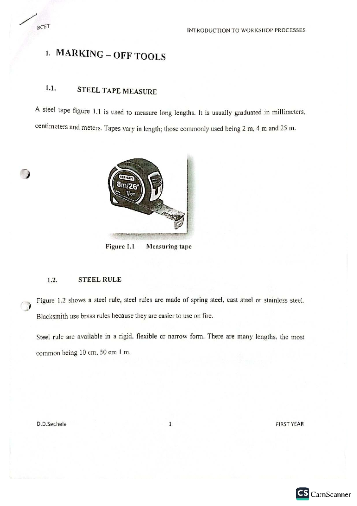 BCET FIRST YEAR CS: Introduction to Workshop Processes - Marking-Off ...