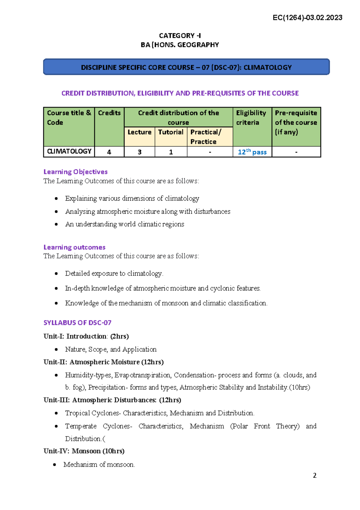 CATEGORY BA (HONS.) GEOGRAPHY: CLIMATOLOGY & REMOTE SENSING SYLLABUS ...