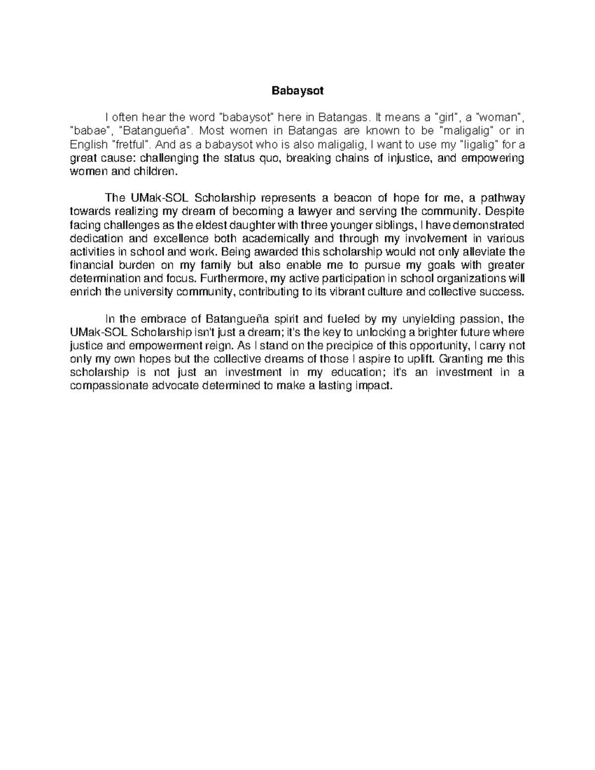 Admission Essay - PARA SA UMAK SOL - Babaysot I often hear the word ...