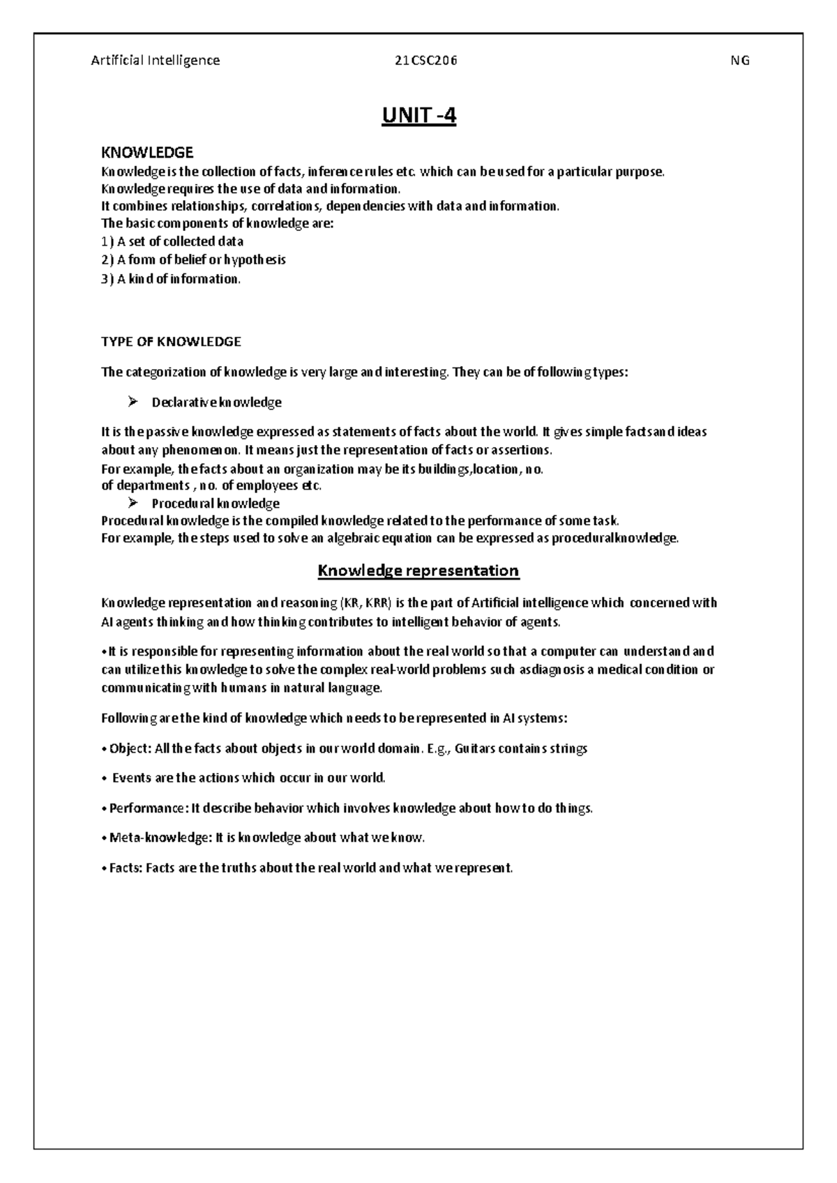 **2nd Year AI UNIT-4 Knowledge Representation & Reasoning Notes** - Studocu