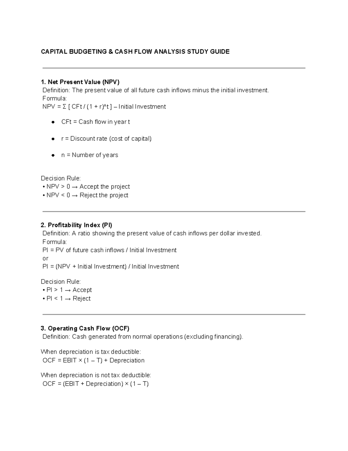 CAPITAL BUDGETING CASH FLOW ANALYSIS STUDY GUIDE - Studocu