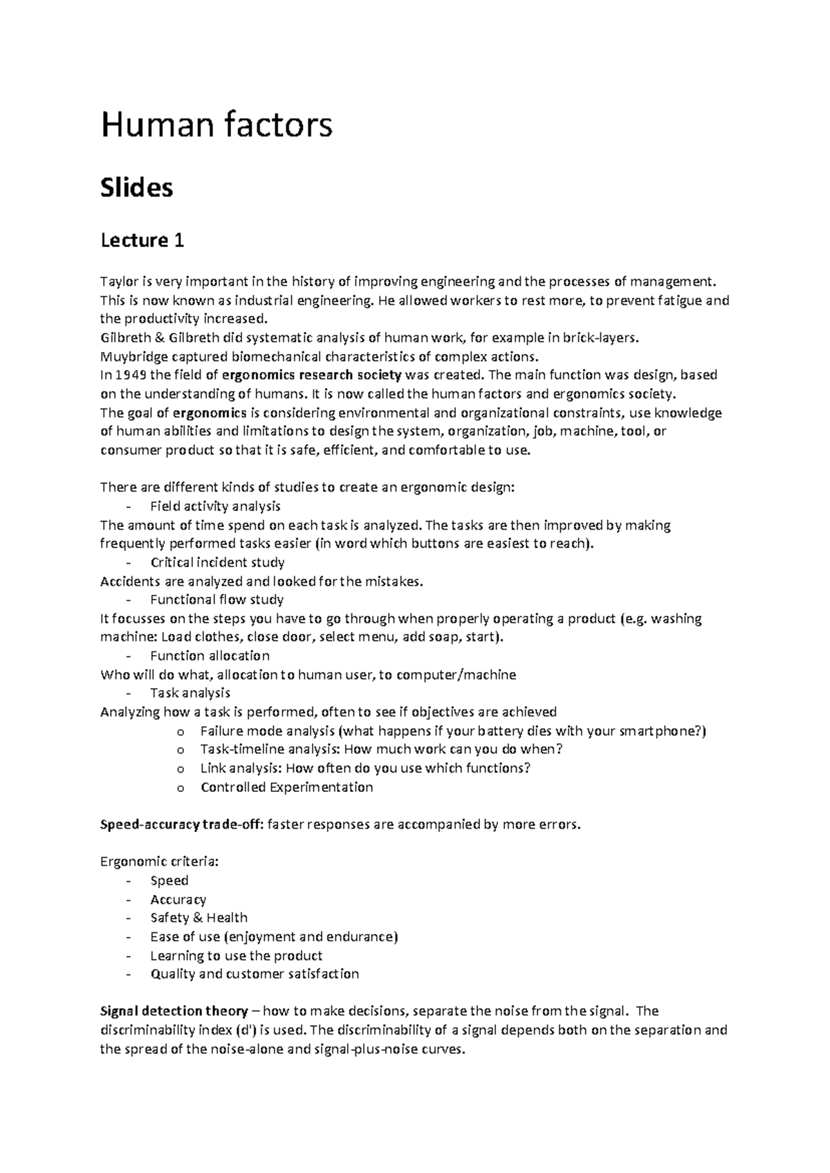 Human Factors Summary: Key Concepts and Ergonomic Principles - Studeersnel