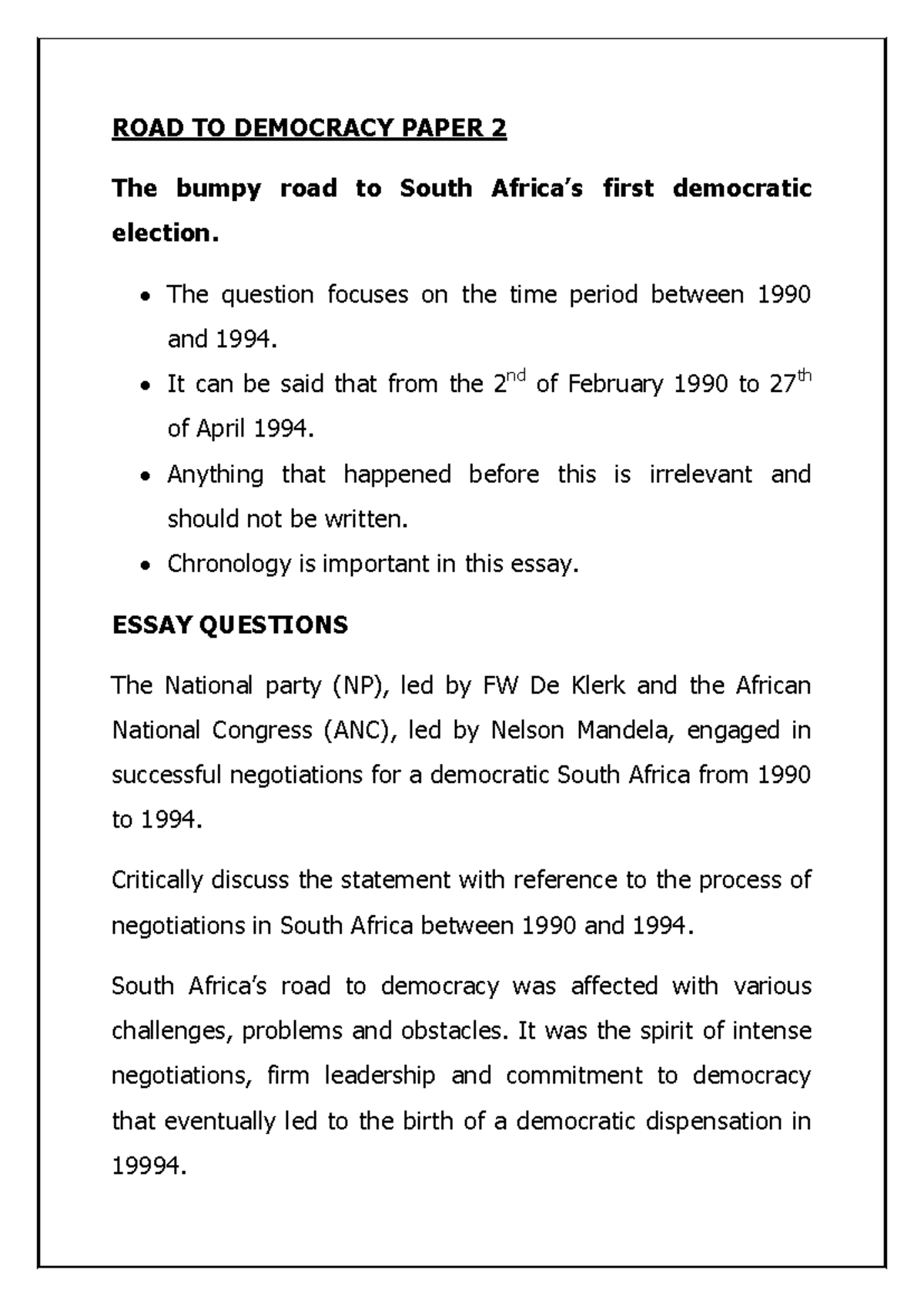 ROAD TO DEMOCRACY ESSAY 2: 1990-1994 Negotiations in South Africa - Studocu