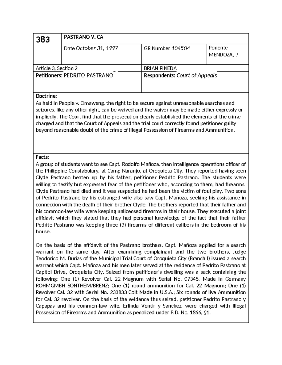 Pastrano v. CA GR No. 104504: Illegal Possession of Firearms Case Study ...