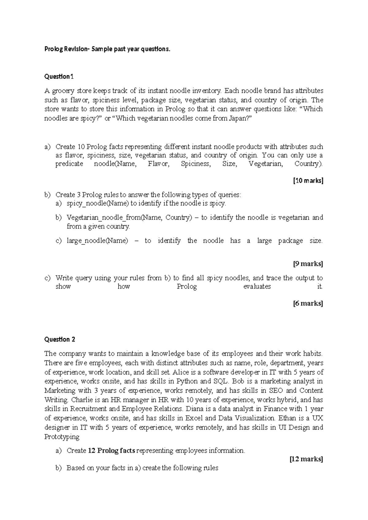Revision Prolog Questions: Sample Past Year Queries and Facts - Studocu