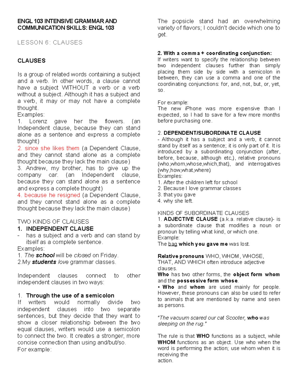 ENGL 103 LESSON 6: UNDERSTANDING CLAUSES IN GRAMMAR - Studocu