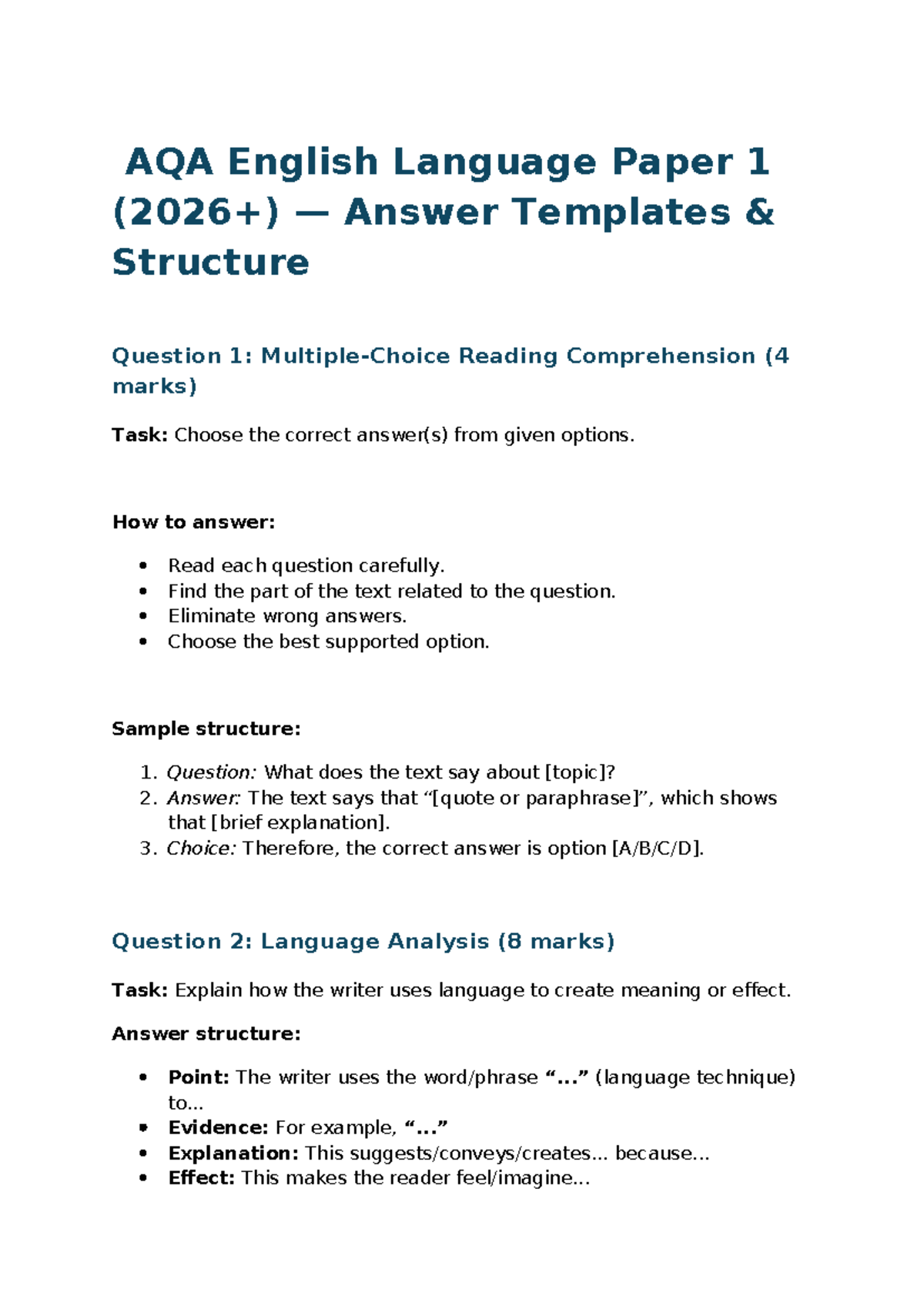 AQA English Language Paper 1 Answer Templates & Tips - Studocu