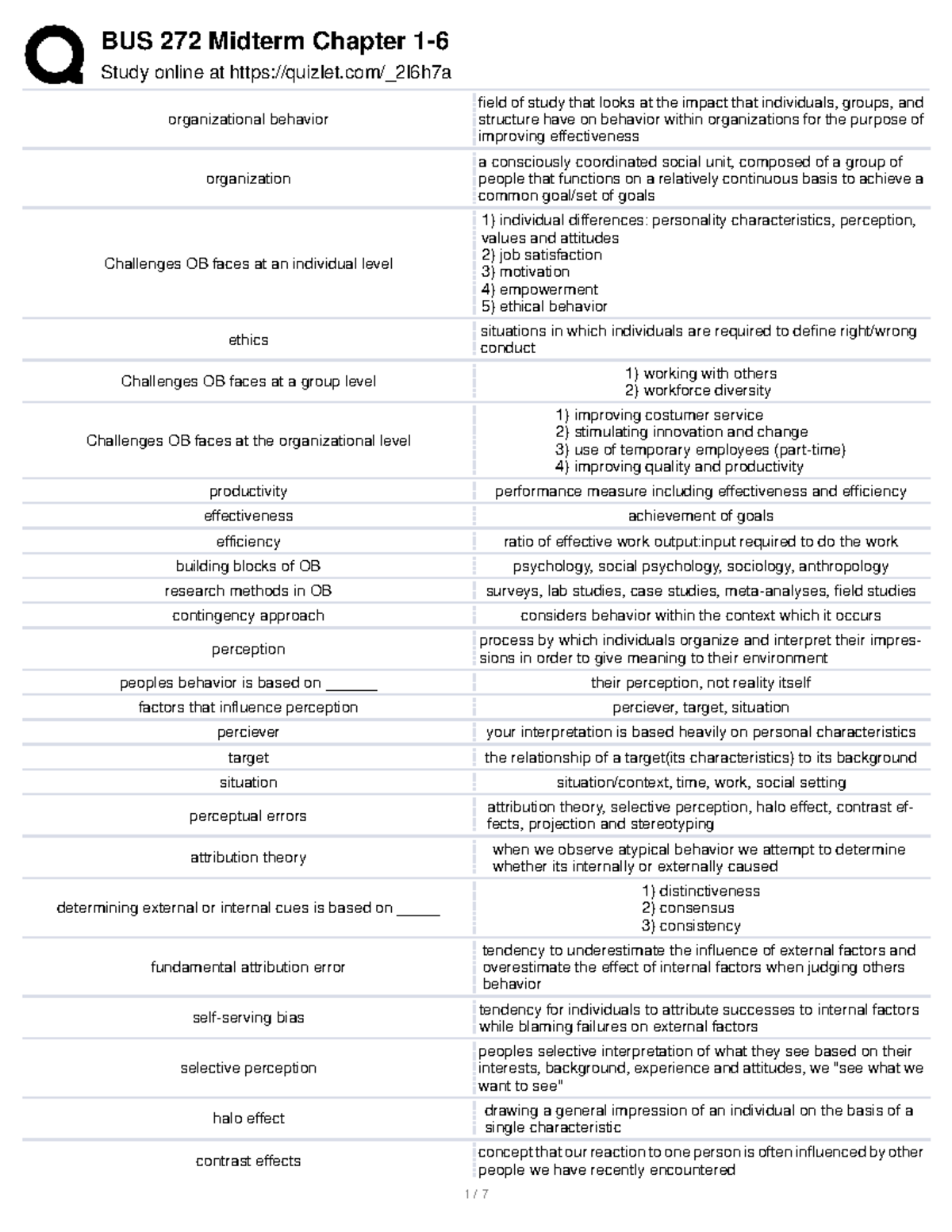 BUS 272 Midterm Chapter Study: Key Concepts in Organizational Behavior ...