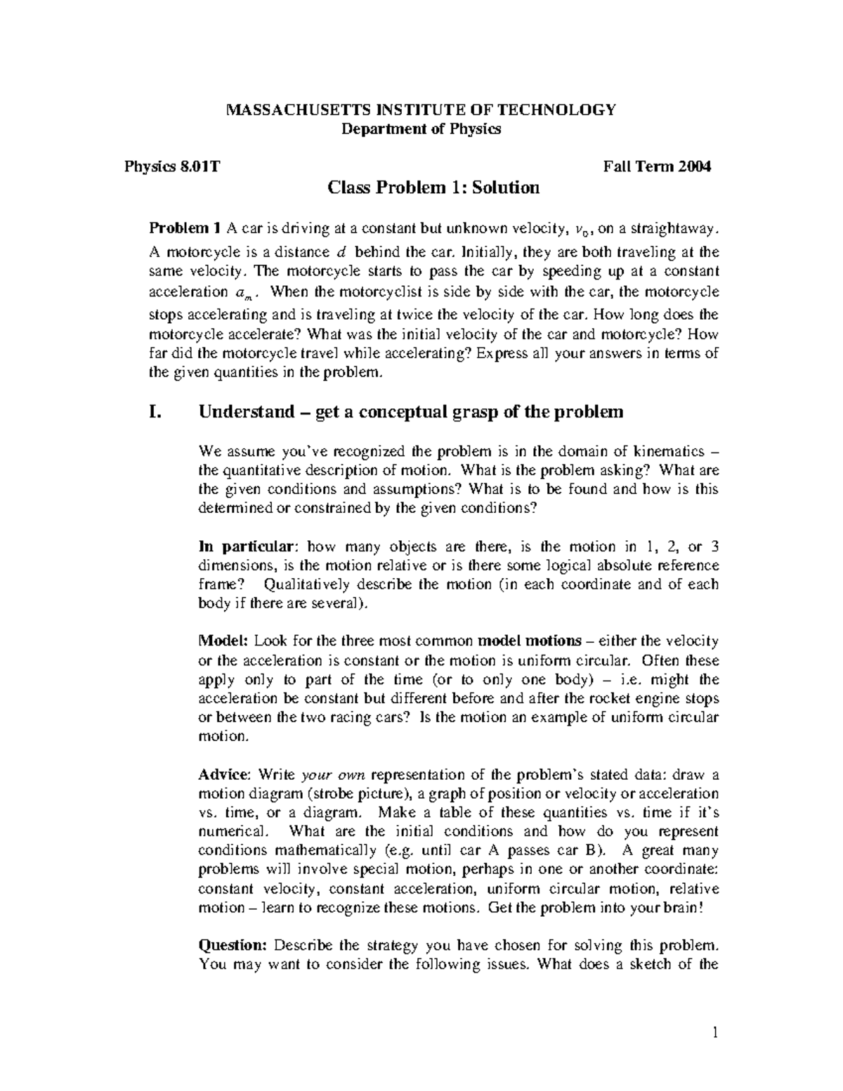 Physics 8.01T Fall 2004: Kinematics Problem 1 Solution Analysis - Studocu