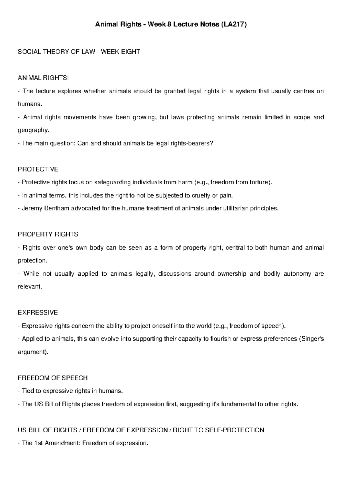 Animal Rights Week 8 Lecture Notes (LA217): Legal Perspectives and ...