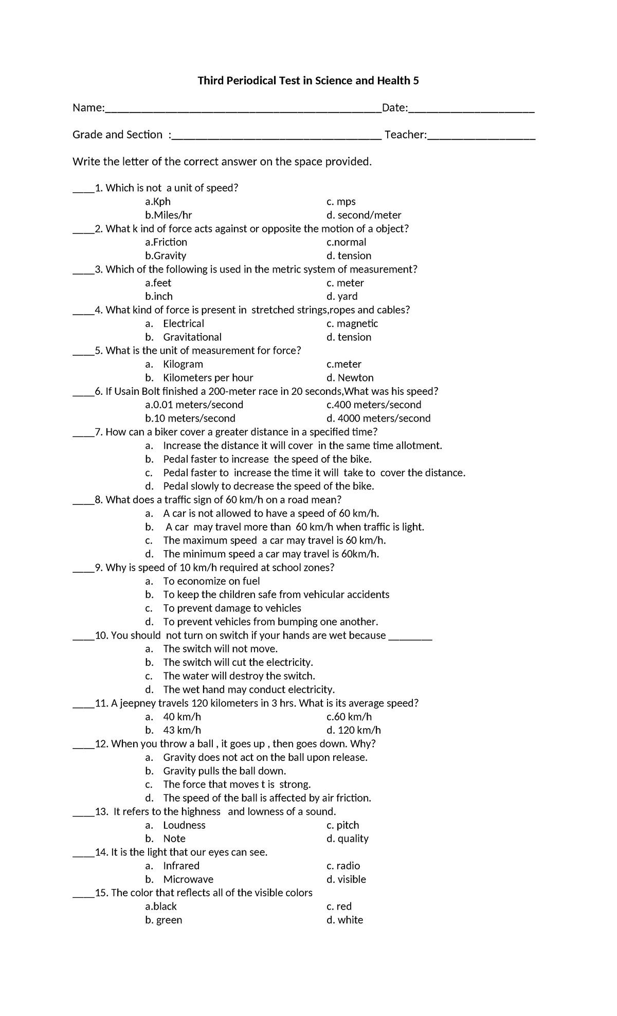 3rd Periodic Test in SCI 5: Science and Health Insights - Studocu