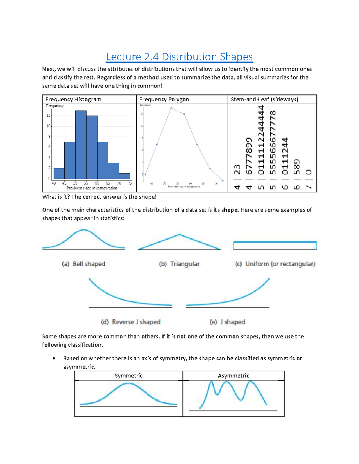 Lecture 2.4: Analyzing and Classifying Distribution Shapes - Studocu