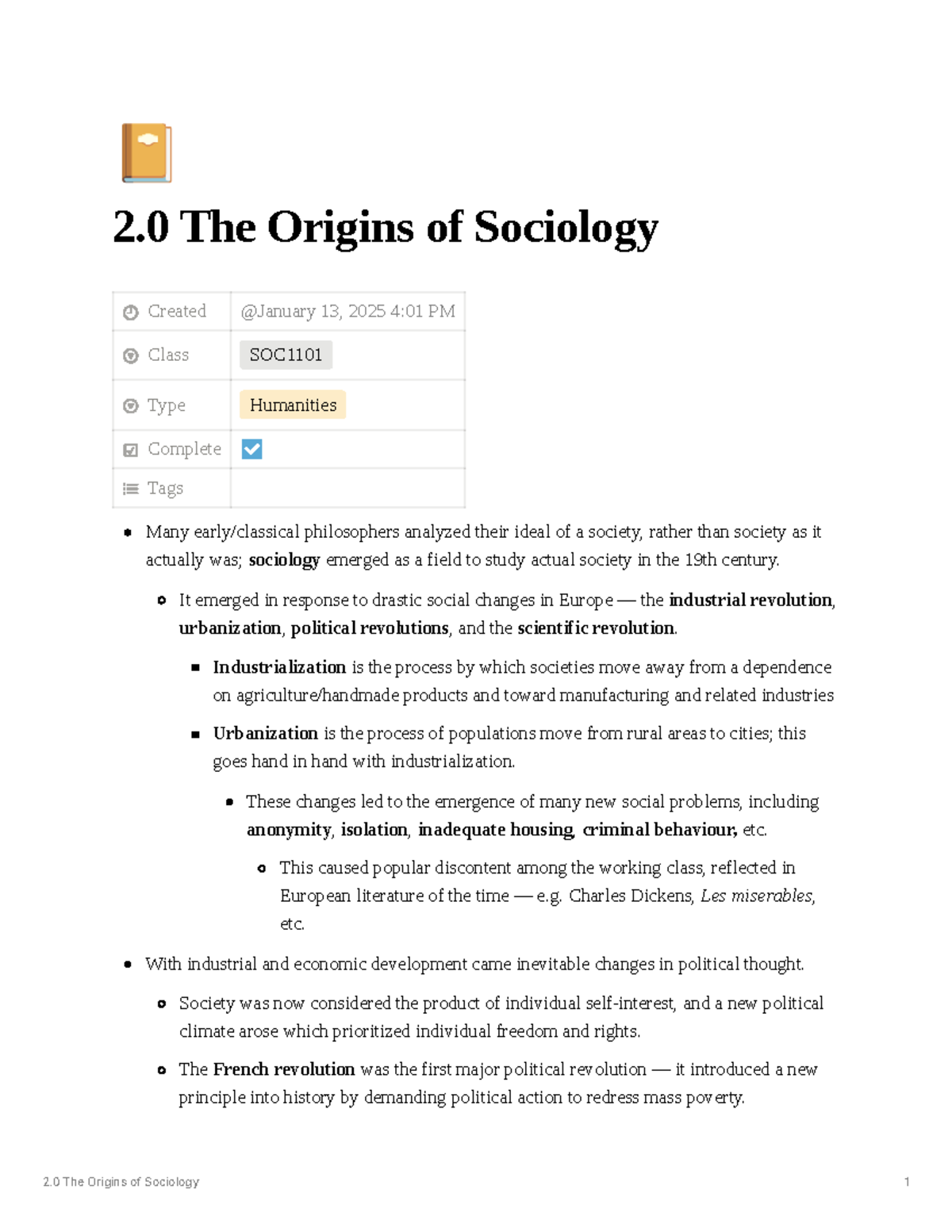 SOC1101 Lecture Notes: The Origins of Sociology - Studocu