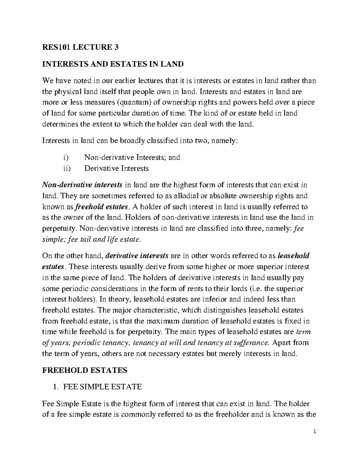 RES101 LECTURE 3: Analysis of Interests and Estates in Land - Studocu