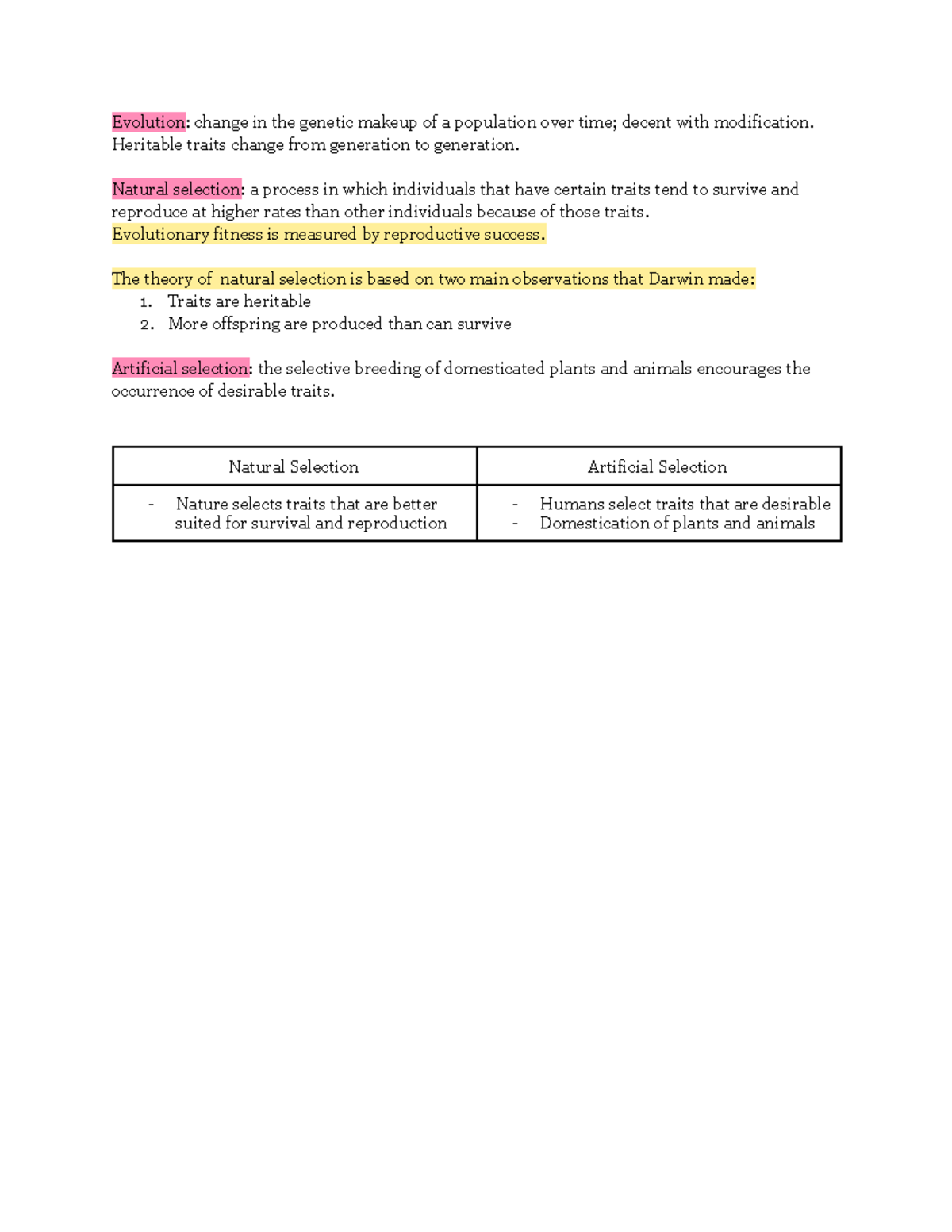AP Biology - Evolution and Natural Selection Class Notes - Studocu