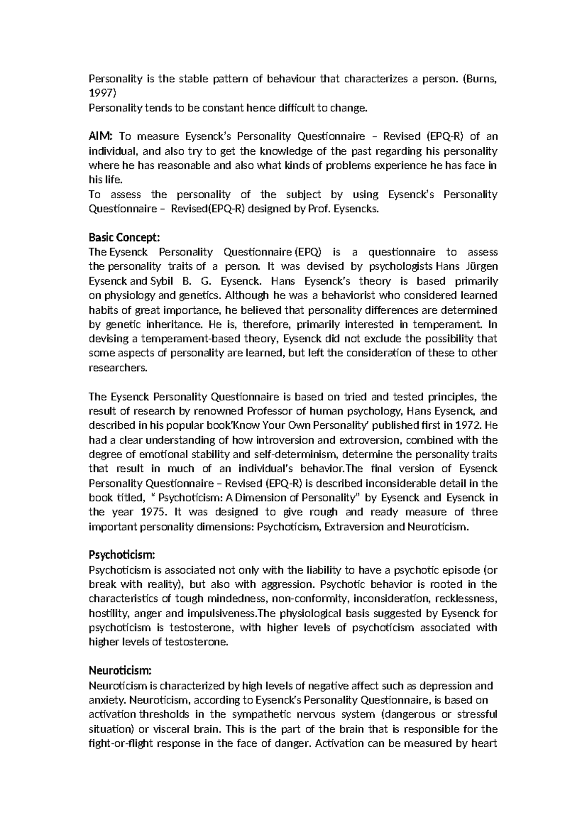 EPQ-R Character Assessment: Eysenck's Personality Insights - Studocu