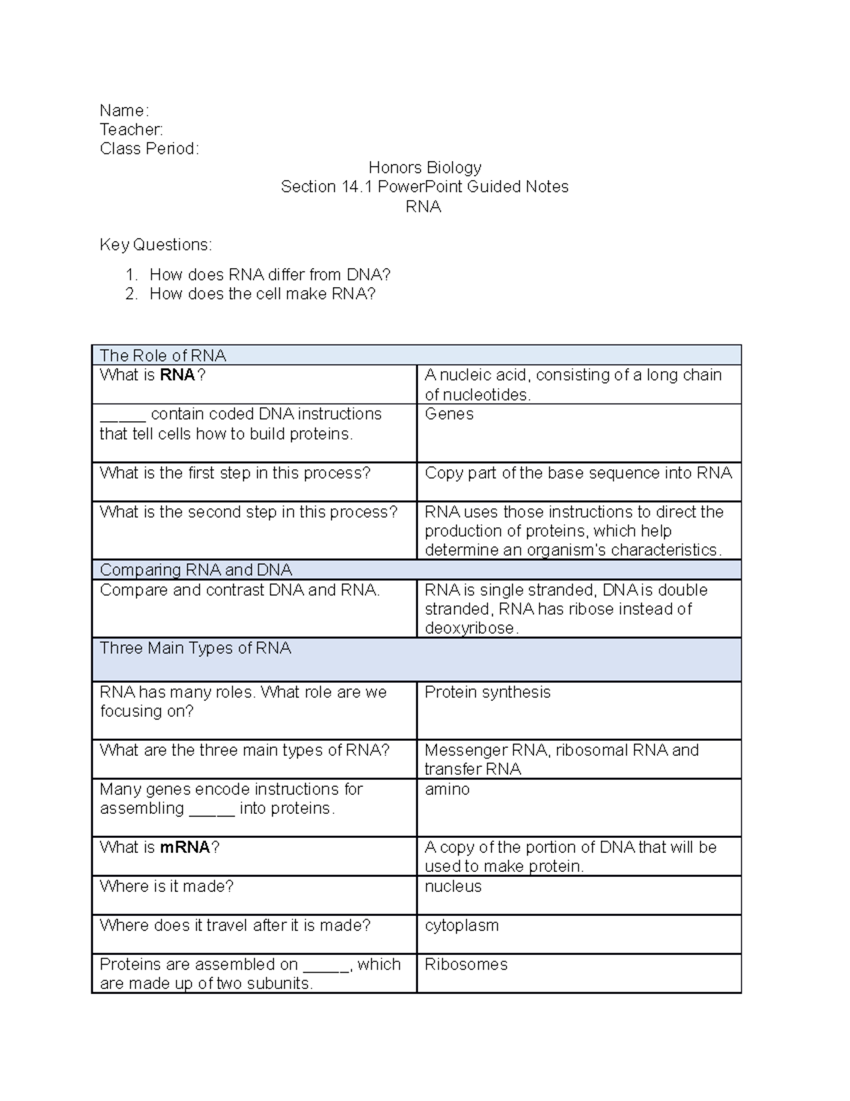 14.1 Honors Biology RNA Guided Notes and Key Concepts - Studocu