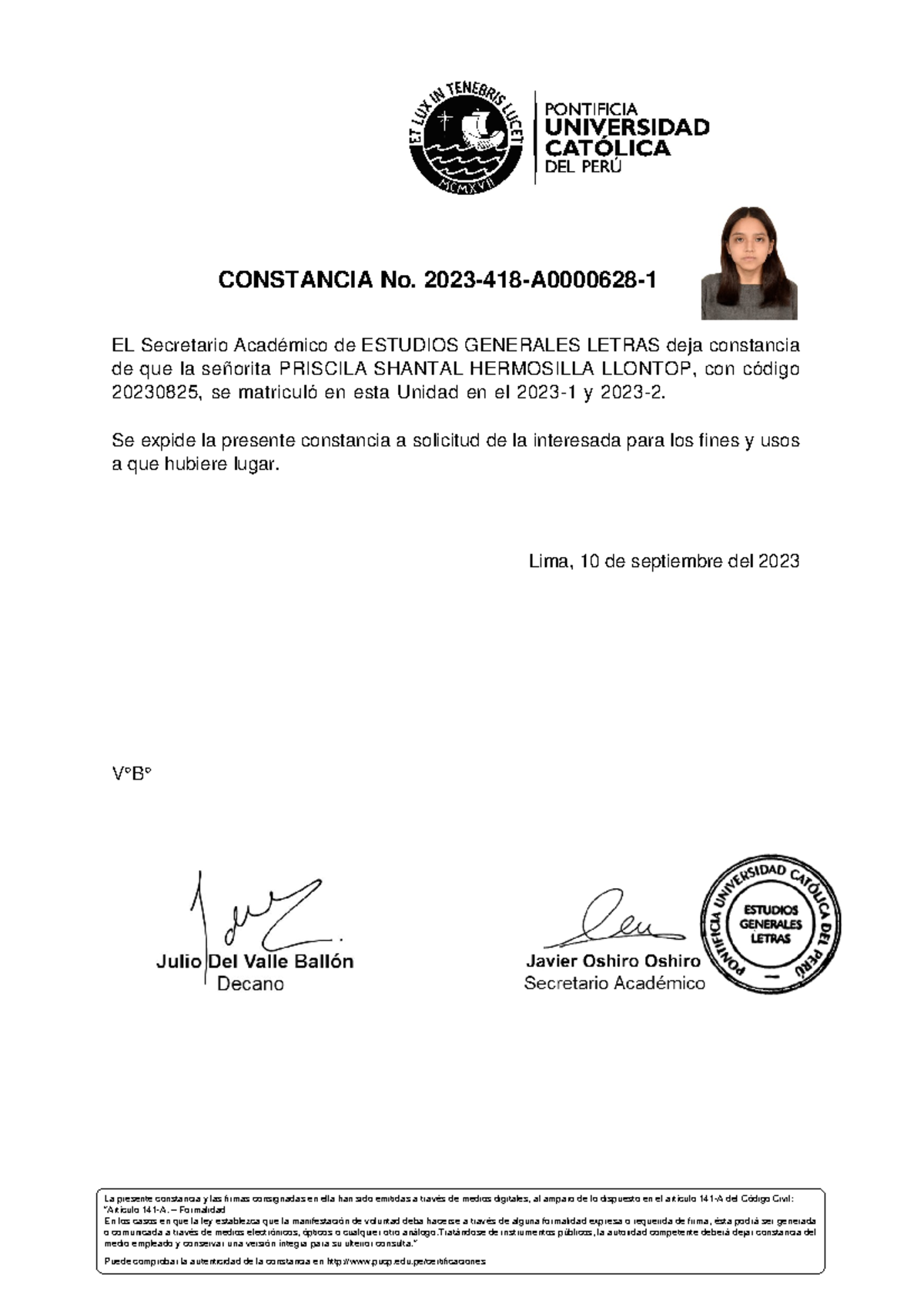 Constancia Académica de Matrícula 2023-1 y 2023-2 - Priscila H. - Document Preview