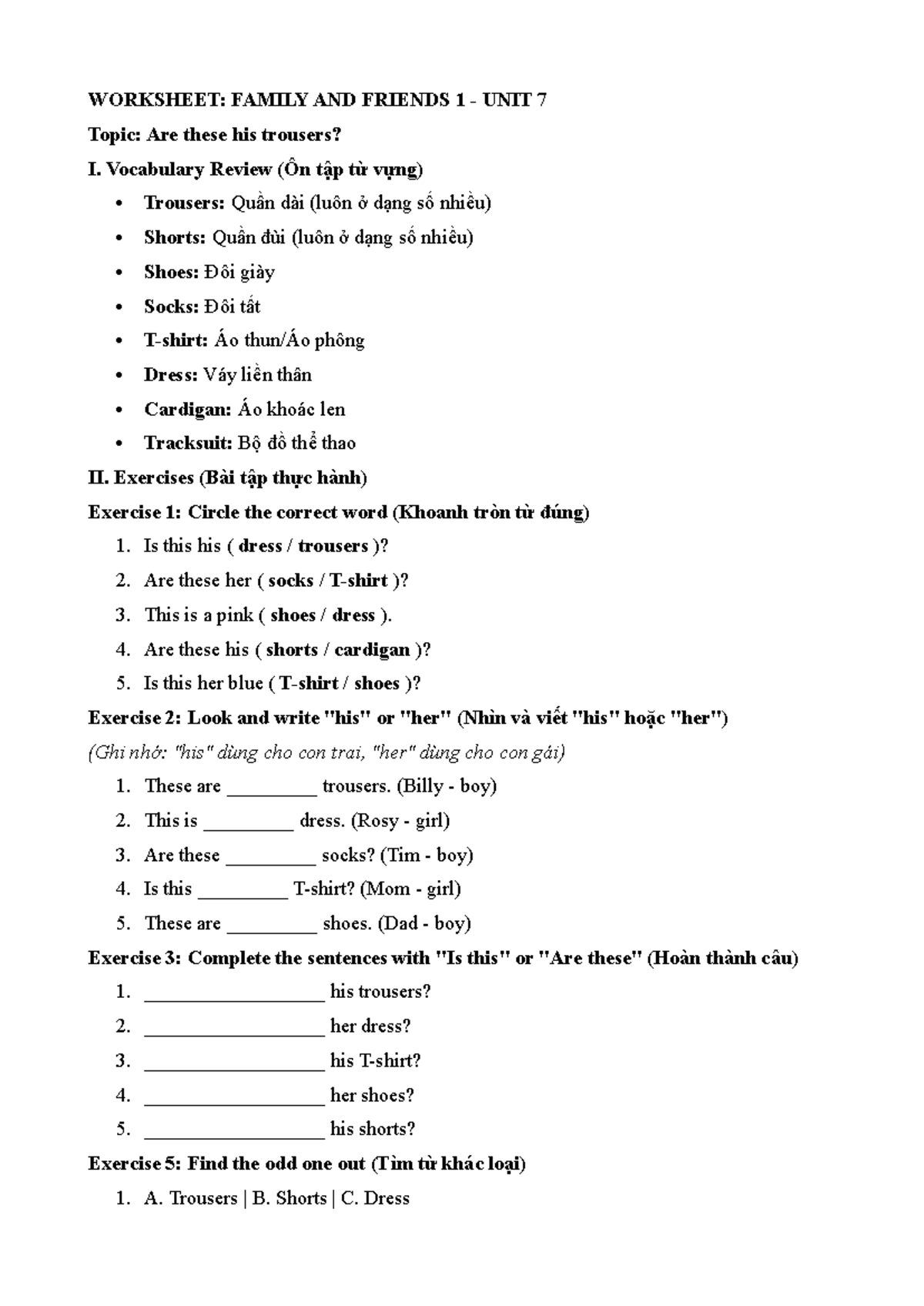 FAMILY AND FRIENDS 1 UNIT 7: Vocabulary & Exercises Worksheet - Studocu