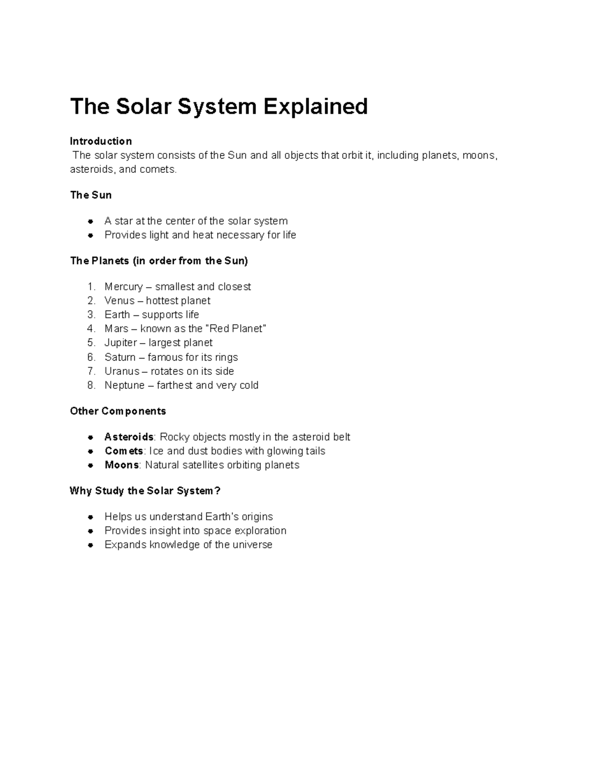 Understanding the Solar System: Key Components and Insights - Studocu