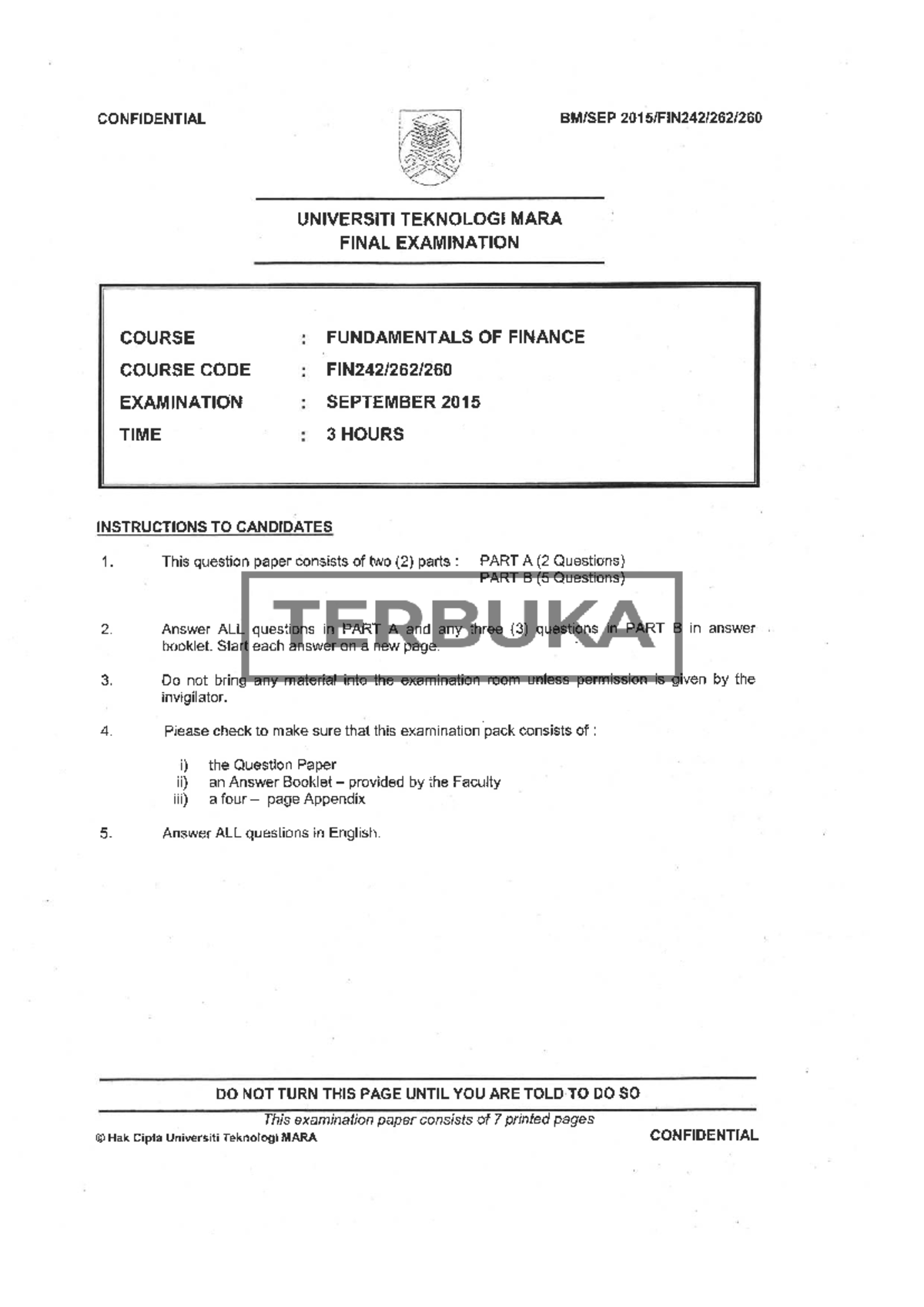 FIN242 September 2015 - EXAM PAPER - CONFIDENTIAL UNIVERSITI TEKNOLOGI ...