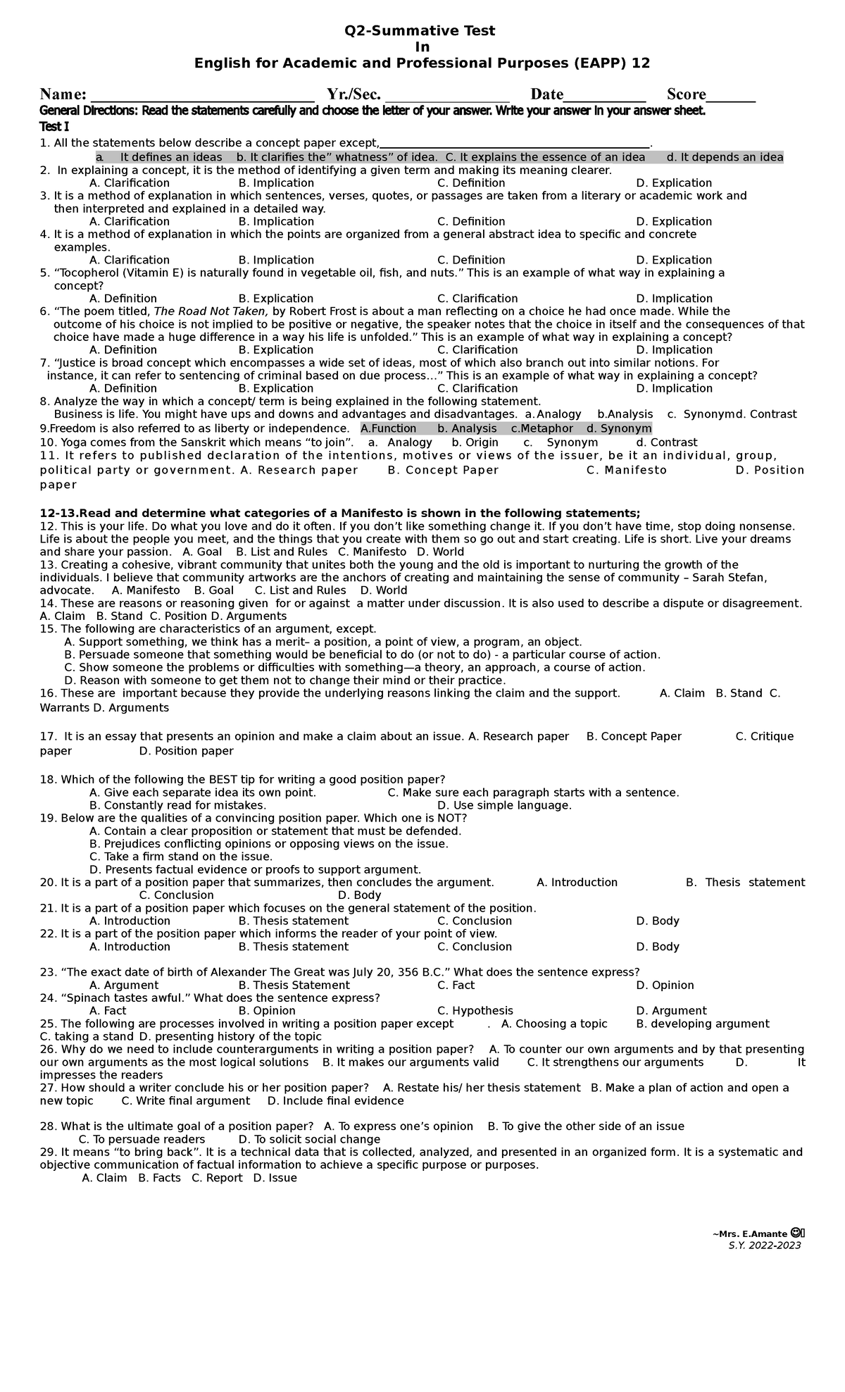 Summative TEST IN EAPP- Q2 - Q2-Summative Test In English for Academic ...