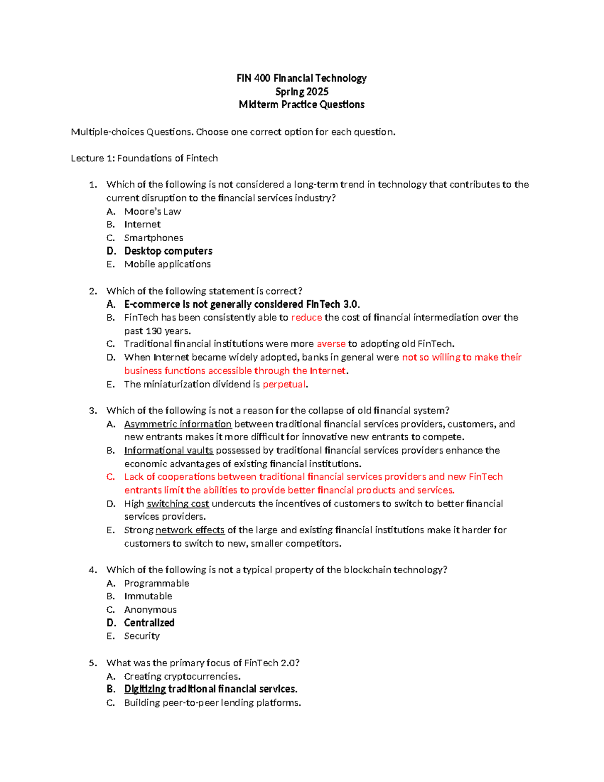 FIN 400 Financial Technology Midterm Practice Questions and Solutions ...