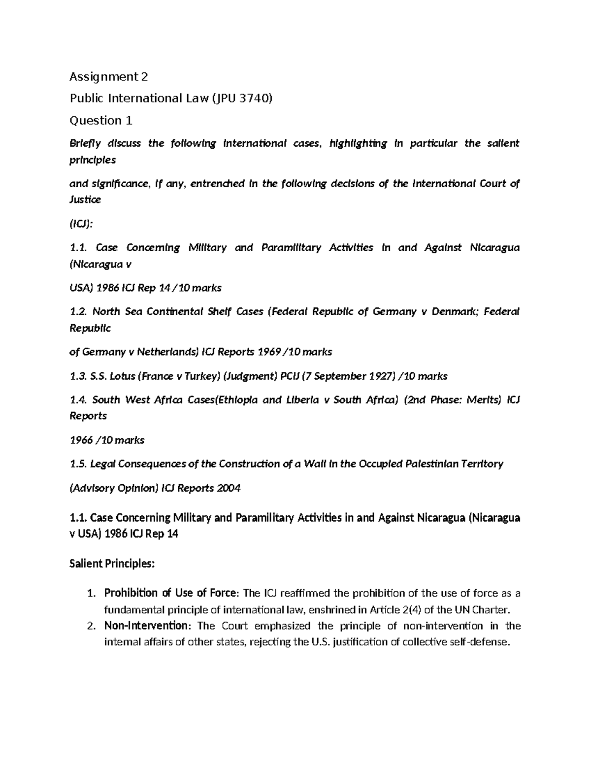 Assignment 2 Public International LAW - Case Concerning Military and ...