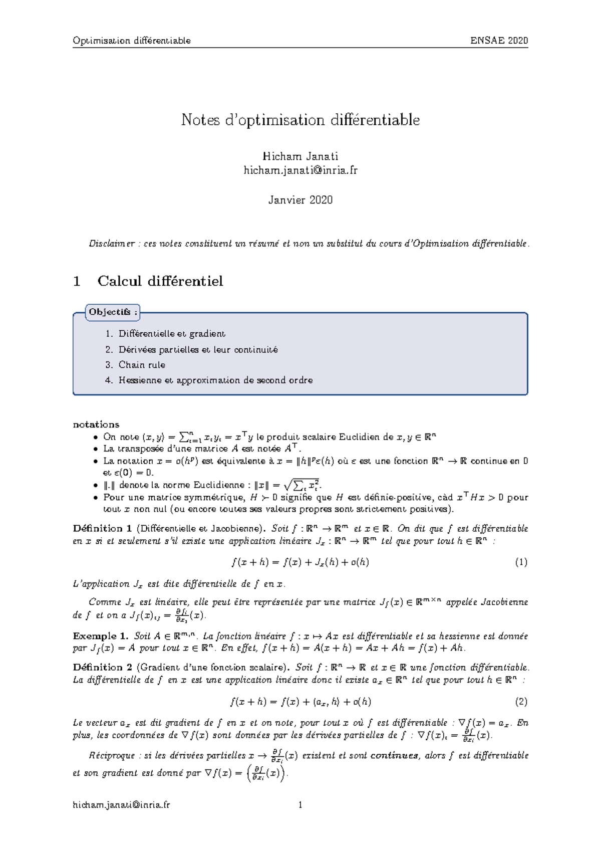 Notes Ensae 2020 - Notes d’optimisation diff ́erentiable Hicham Janati ...