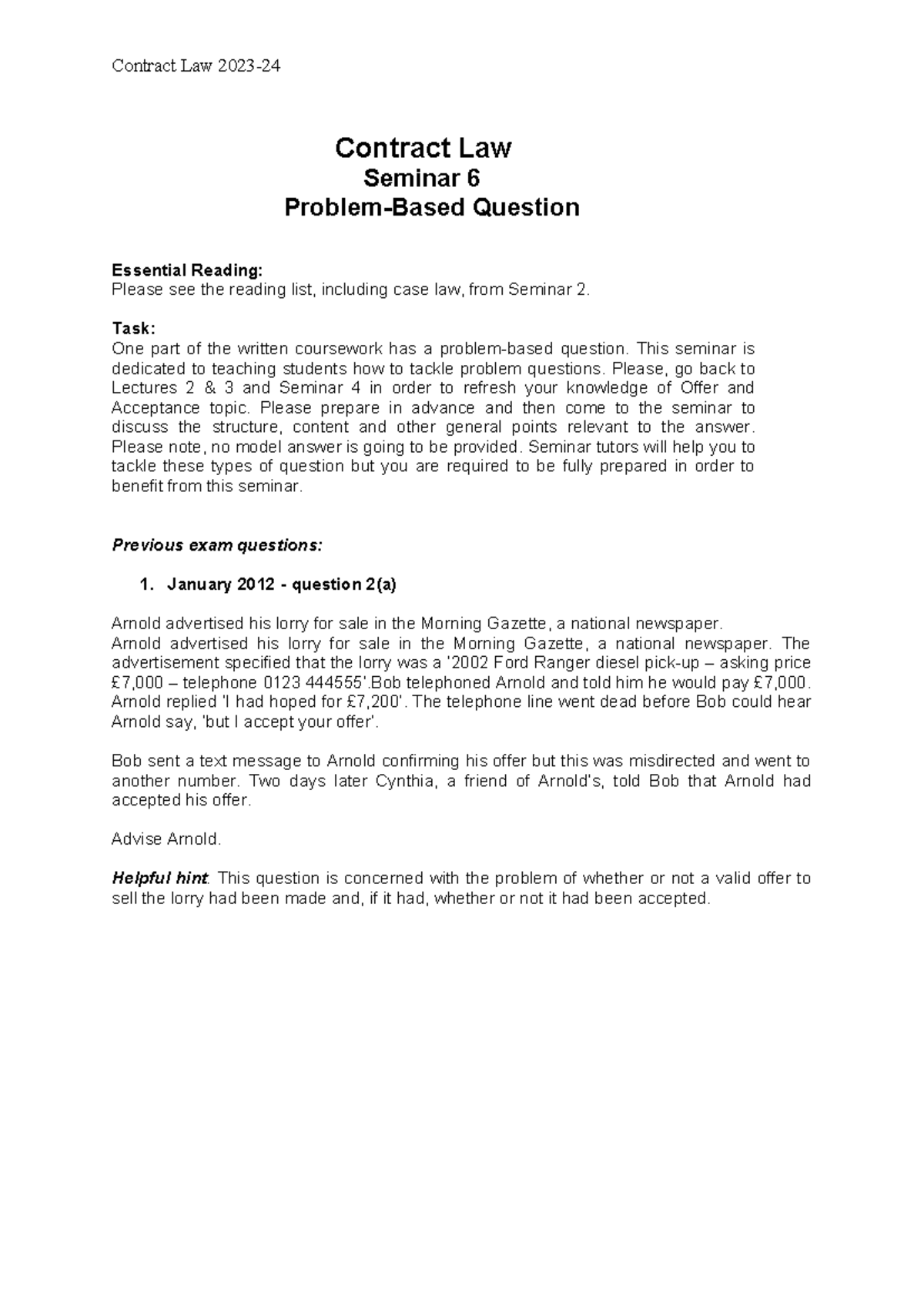 Contract Law Seminar 6 Problem Based Questions - Contract Law 2023 ...