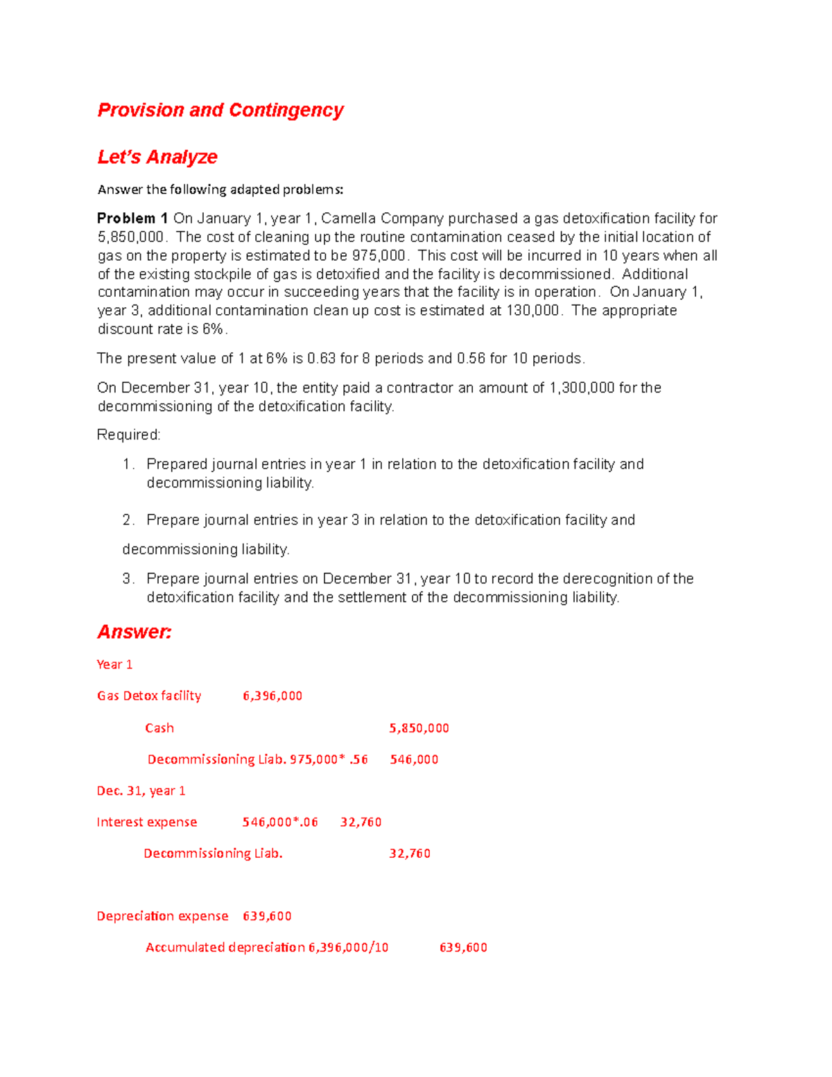 Provision and Contingency Quiz - Analysis and Journal Entries - Studocu