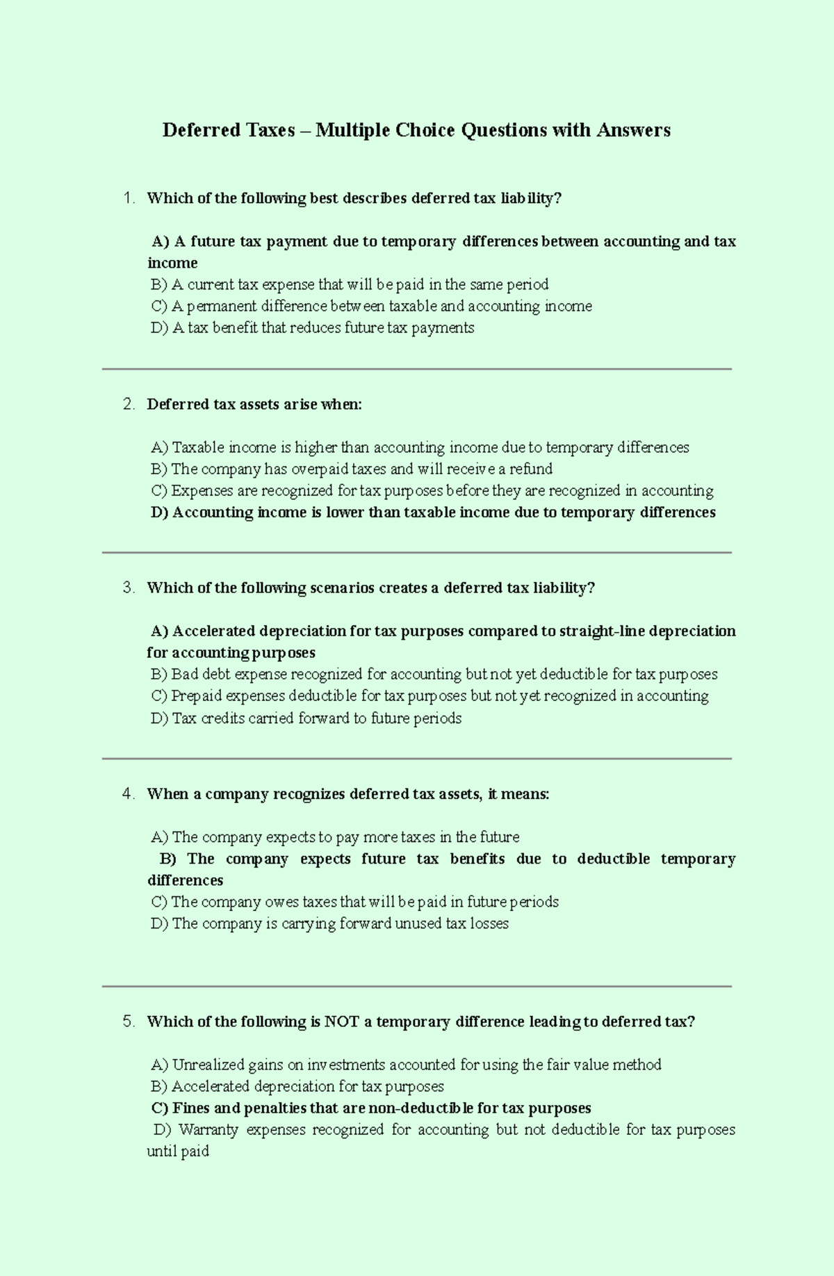 Deferred Taxes - MCQs with Answers for Quick Review - Studocu